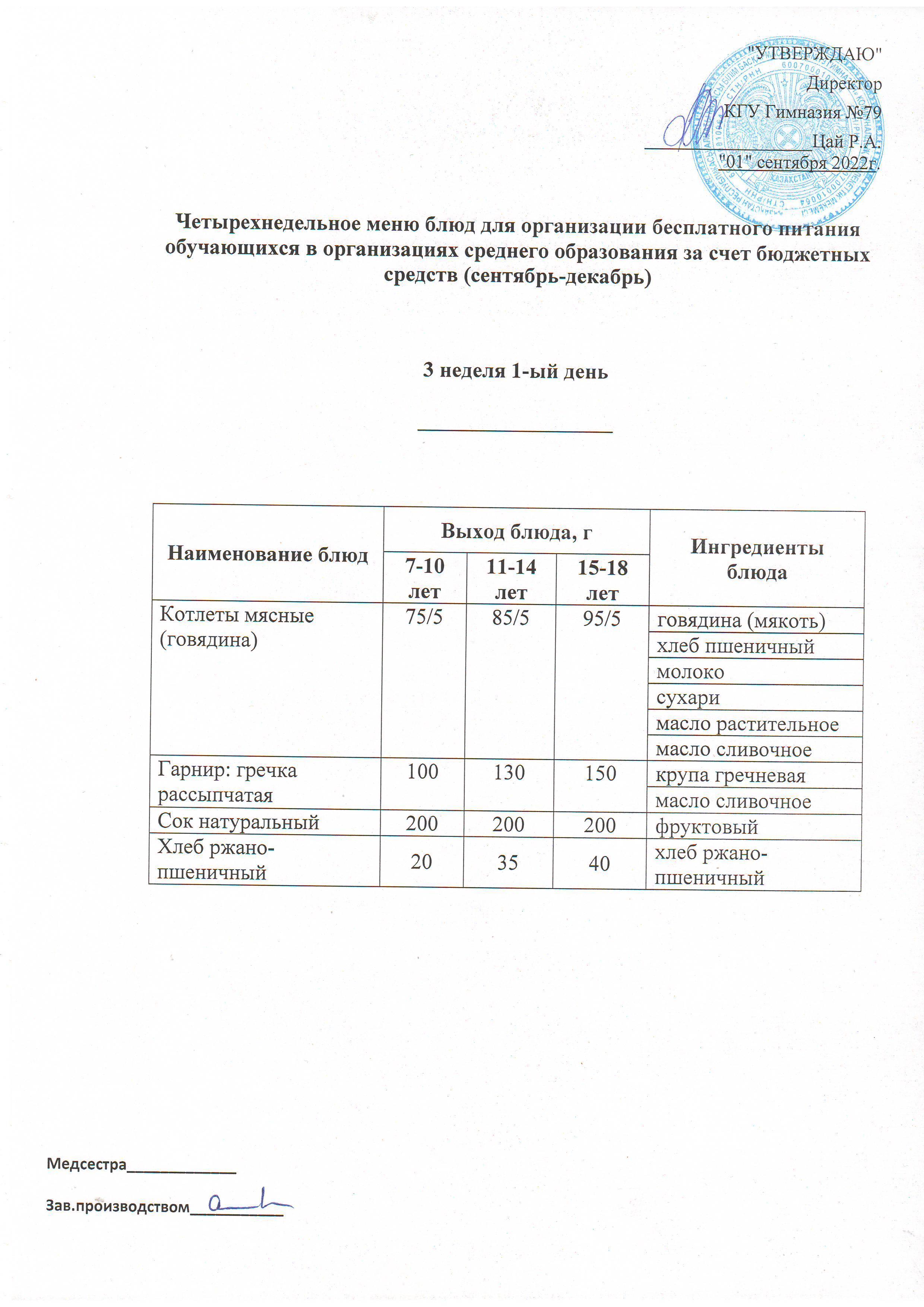 Меню блюд для организации бесплатного питания отдельных категорий (лето-осень) на 1 полугодие 3 неделя