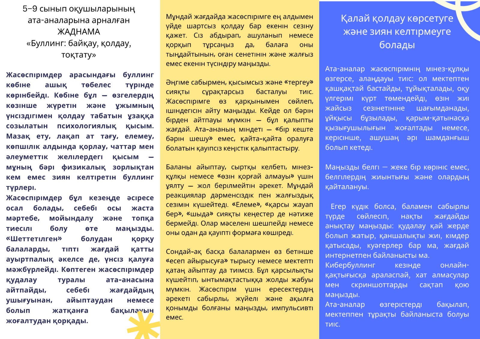5–9 СЫНЫПТАРДЫҢ АТА-АНАЛАРЫНА АРНАЛҒАН ЖАДЫНАМА «Қорқыту: ескерту, қолдау, тоқтату